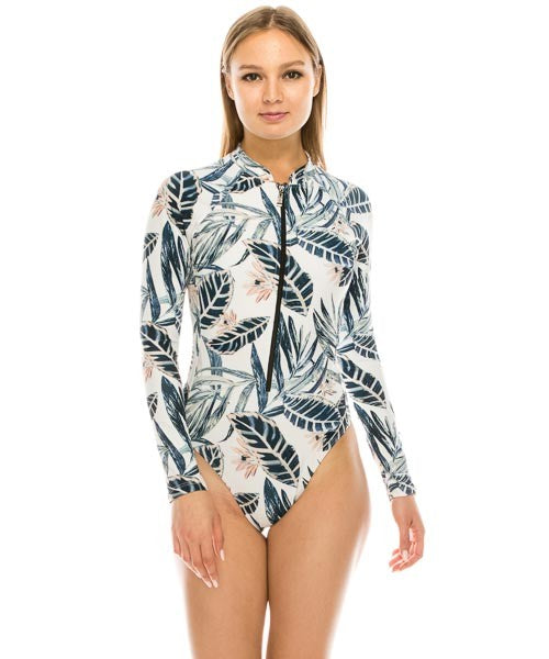 🌴 Traje de Baño Entero de Manga Larga con Cierre y Estampado Tropical - Lukaut