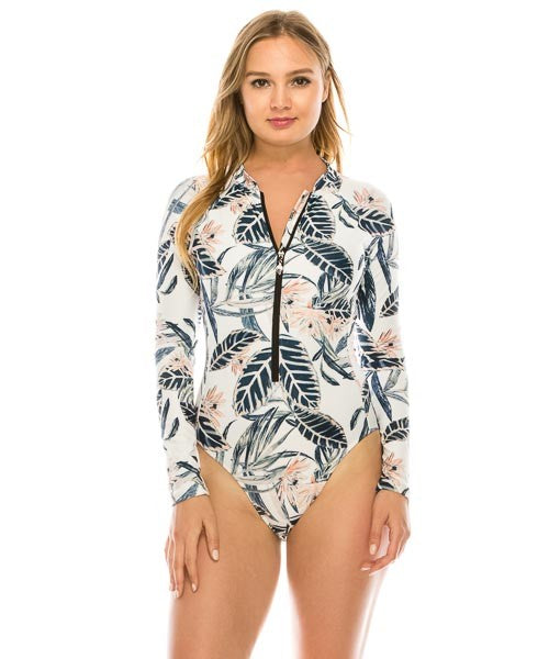 🌴 Traje de Baño Entero de Manga Larga con Cierre y Estampado Tropical - Lukaut