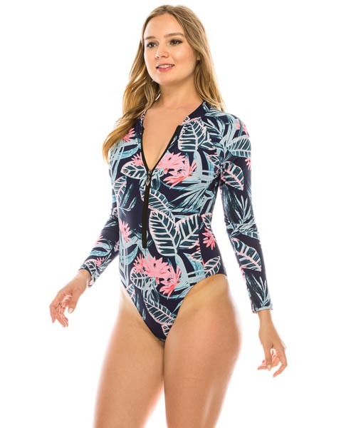 🌴 Traje de Baño Entero de Manga Larga con Cierre y Estampado Tropical - Lukaut