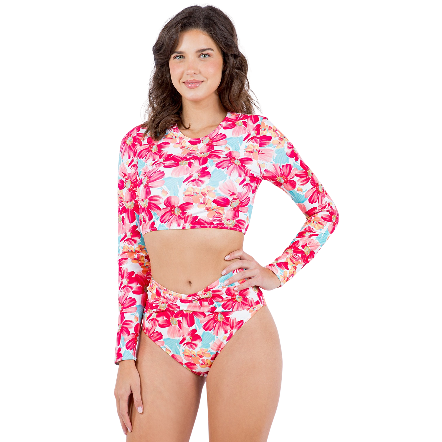 Bikini deportivo de manga larga para mujer con estampado floral en tonos rosa, fucsia y azul pastel, top crop y braga de talle alto, traje de baño ideal para playa y deportes acuáticos