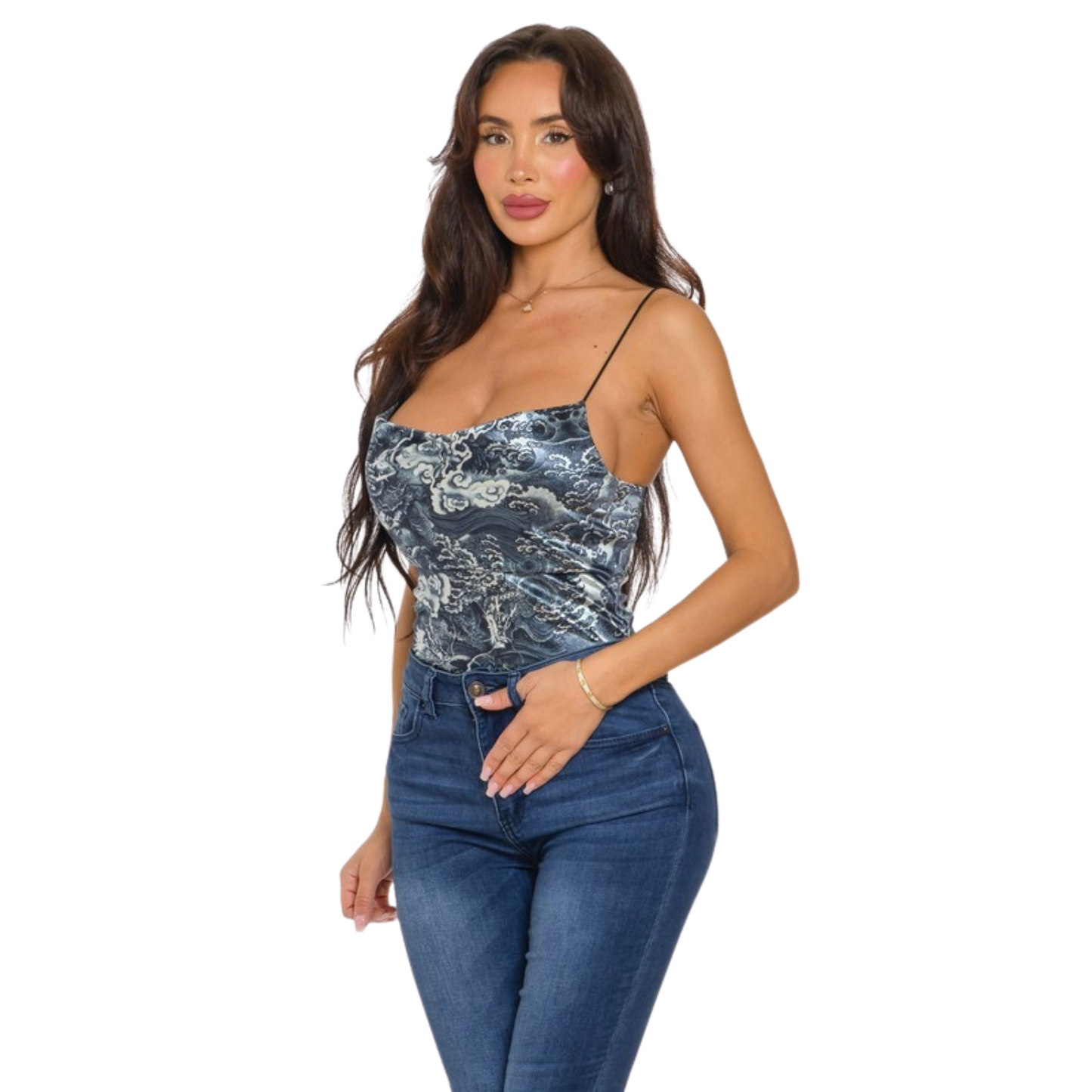 Body Satinado con Estampado Oriental – Escote Drapeado y Tirantes Finos