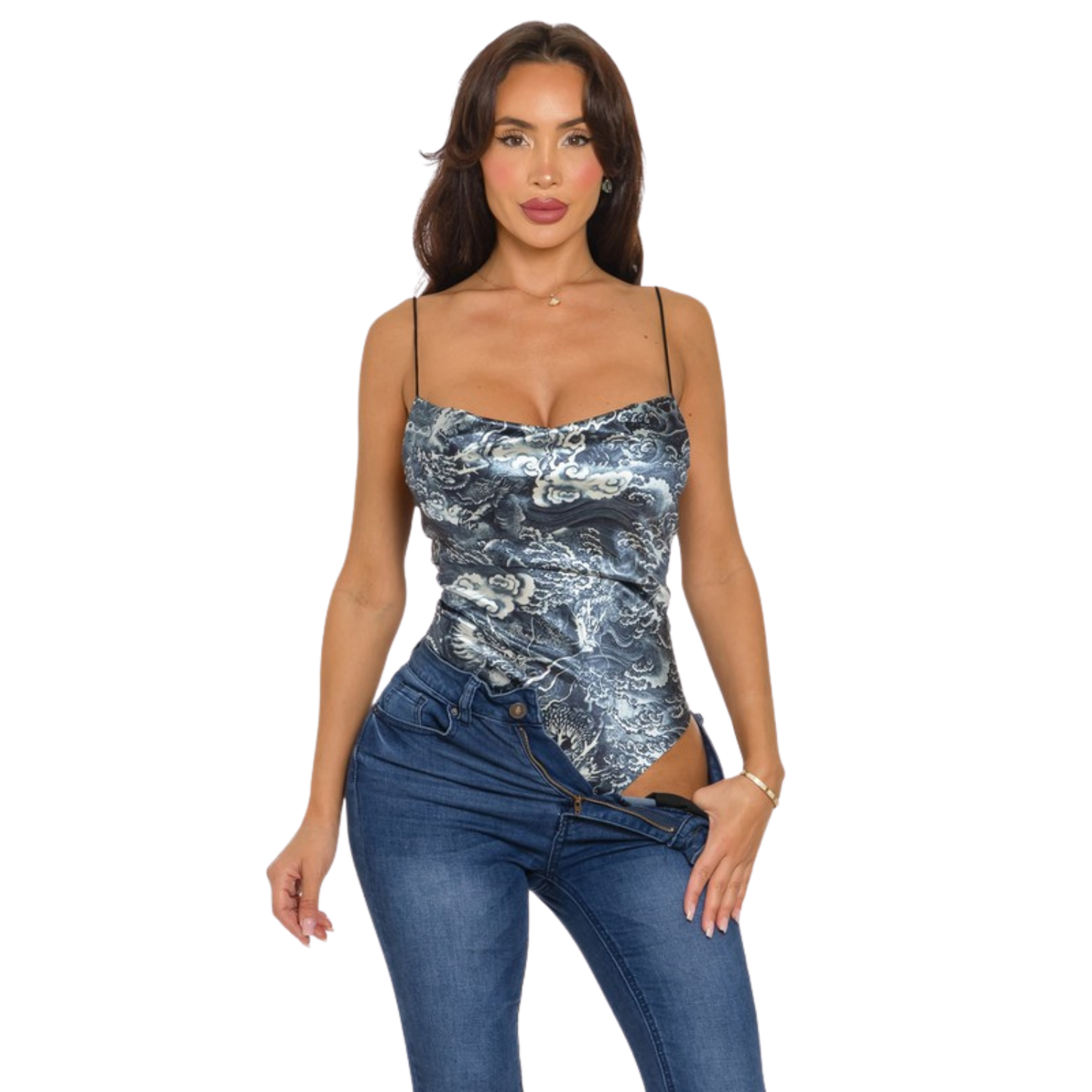 Body Satinado con Estampado Oriental – Escote Drapeado y Tirantes Finos