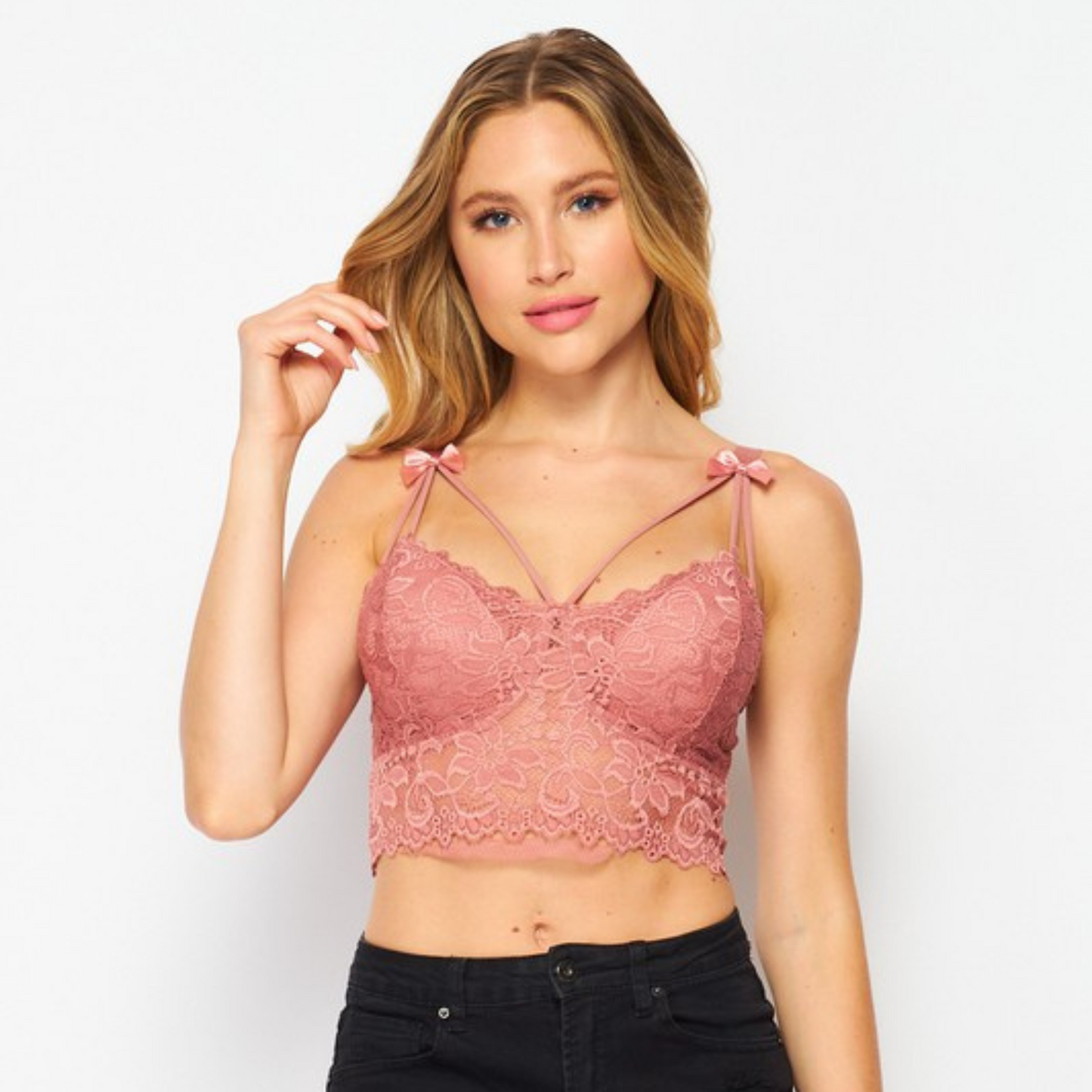 Top de encaje rosa para mujer | Bralette crop con tirantes y moños