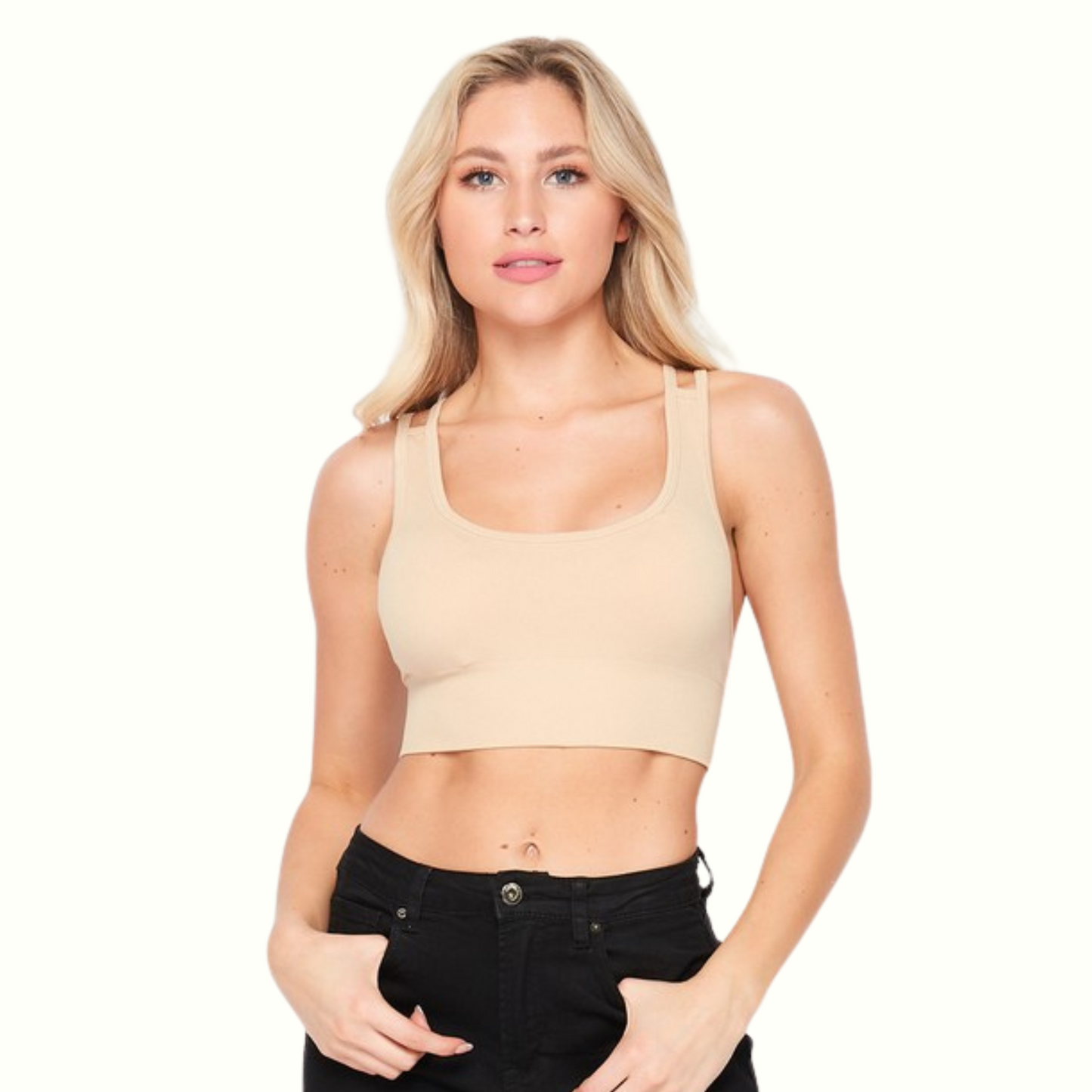 Top deportivo beige para mujer, blusa crop sin mangas con tirantes cruzados, cómodo y elástico, ropa fitness y casual para combinar con shorts o jeans