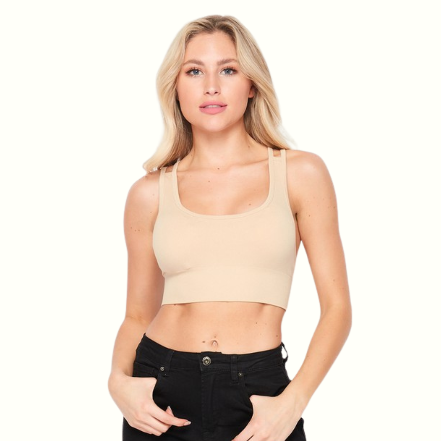 Top deportivo beige para mujer, blusa crop sin mangas con tirantes cruzados, cómodo y elástico, ropa fitness y casual para combinar con shorts o jeans