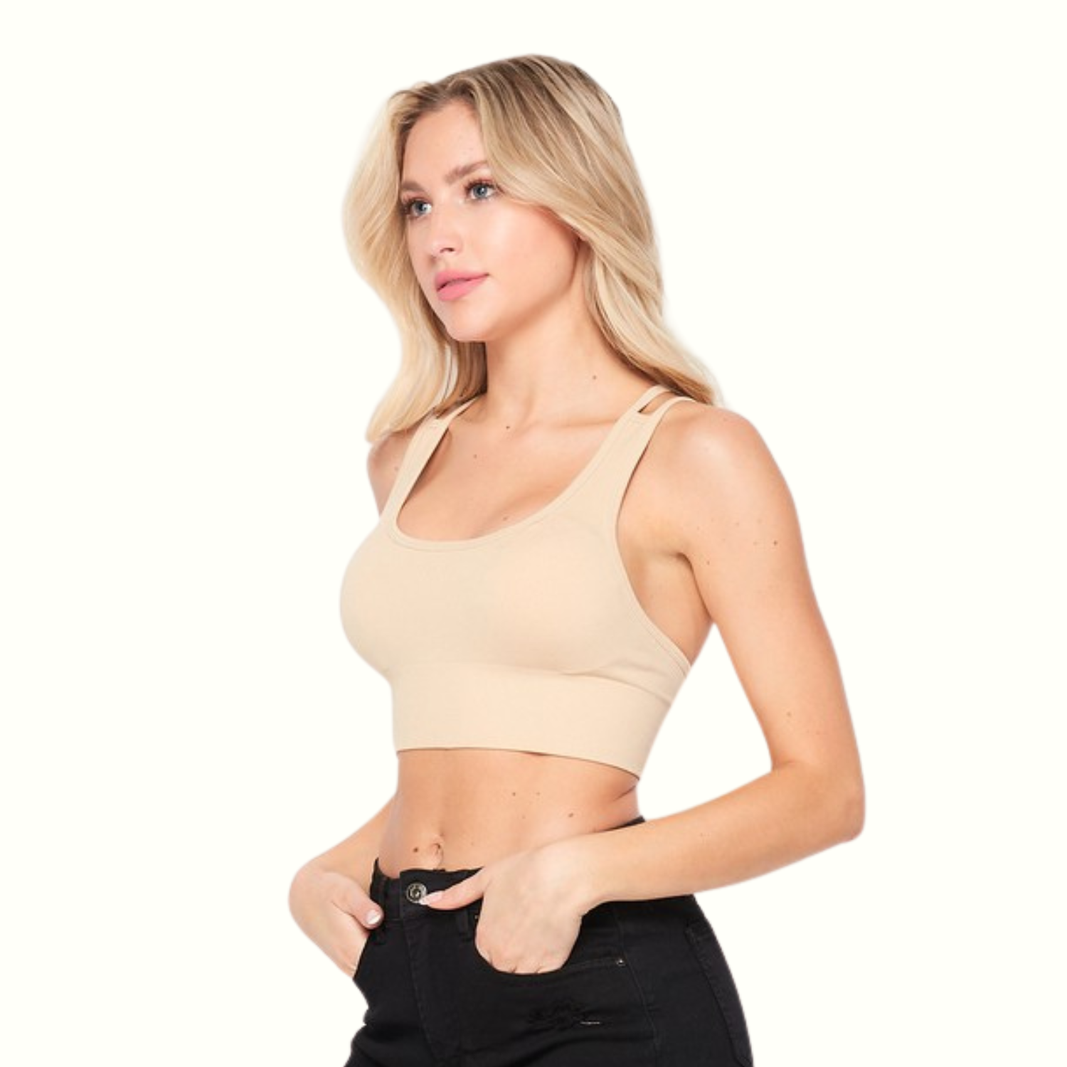 Top deportivo beige para mujer, blusa crop sin mangas con tirantes cruzados, cómodo y elástico, ropa fitness y casual para combinar con shorts o jeans