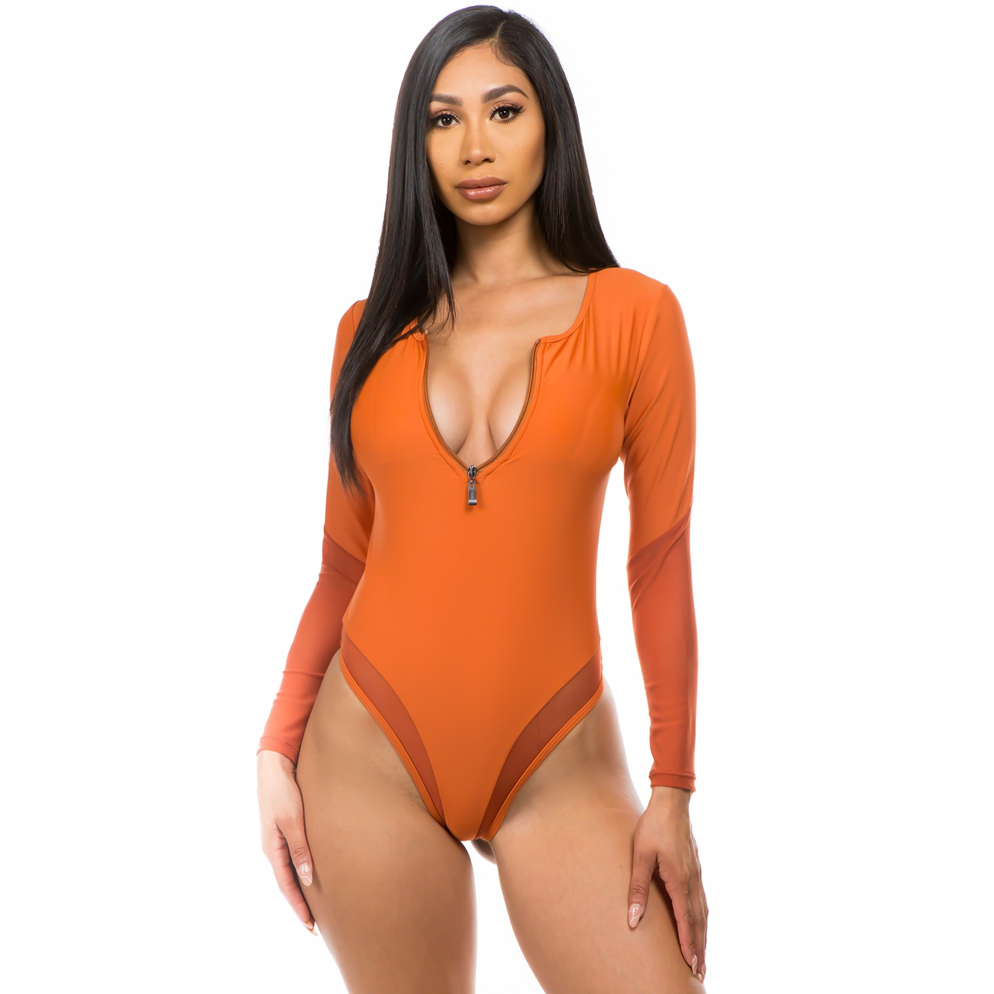 Traje de Baño Naranja con Manga Larga y Cierre Frontal