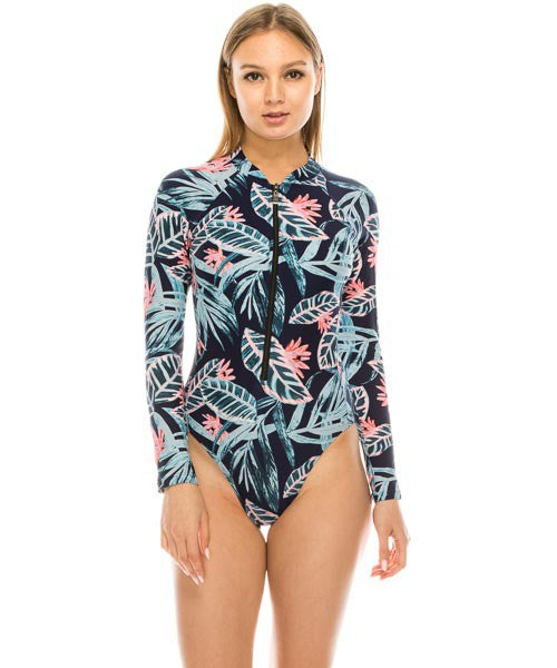 🌴 Traje de Baño Entero de Manga Larga con Cierre y Estampado Tropical - Lukaut