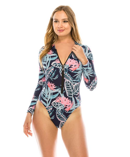 🌴 Traje de Baño Entero de Manga Larga con Cierre y Estampado Tropical - Lukaut