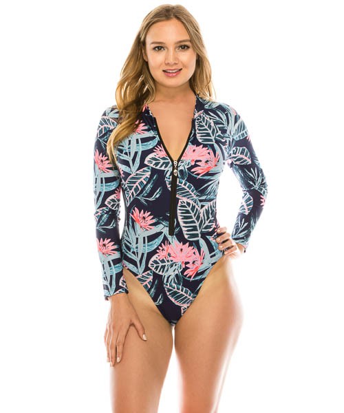 🌴 Traje de Baño Entero de Manga Larga con Cierre y Estampado Tropical - Lukaut