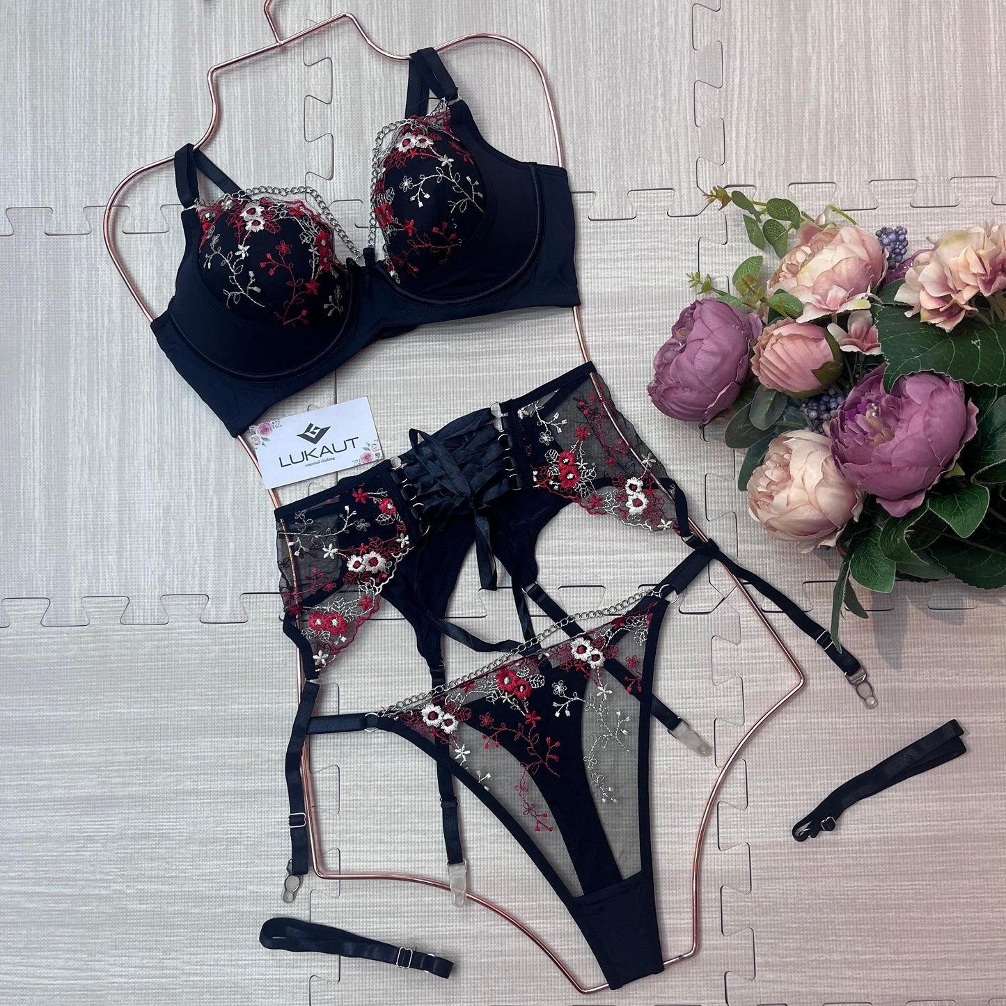 coordinado lencero con liguero para mujer lukaut negro