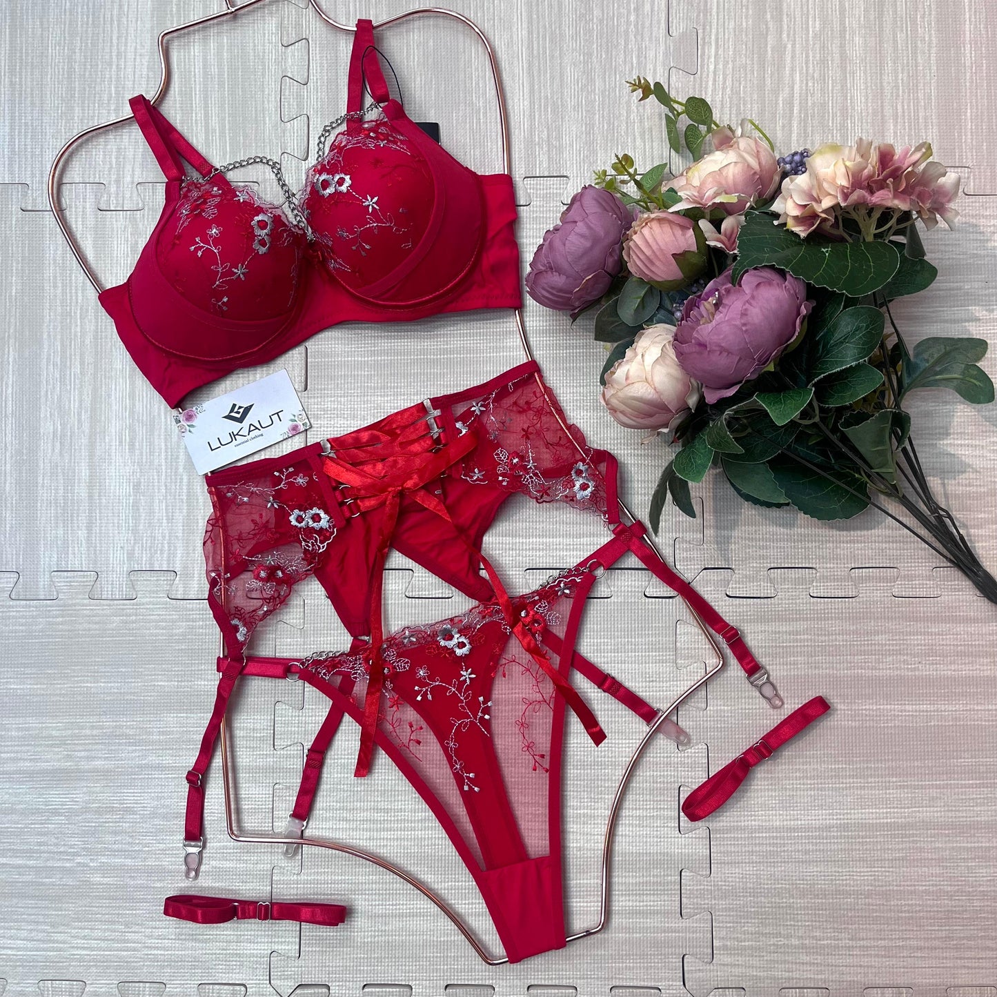 coordinado lencero con liguero para mujer lukaut rojo